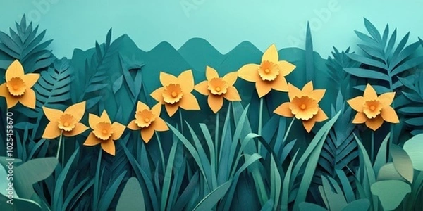 Obraz Blooming yellow daffodils showcase their beauty in a vibrant garden setting, Vibrant garden with blooming yellow daffodils