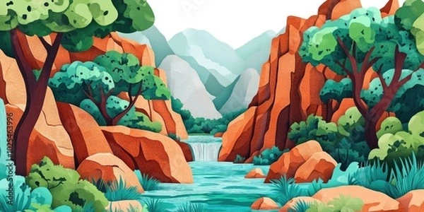 Fototapeta Vivid red rocks alongside a flowing river, surrounded by lush green trees, capturing the essence of nature in summer, Vibrant red rocks by a river with green trees in a summer landscape