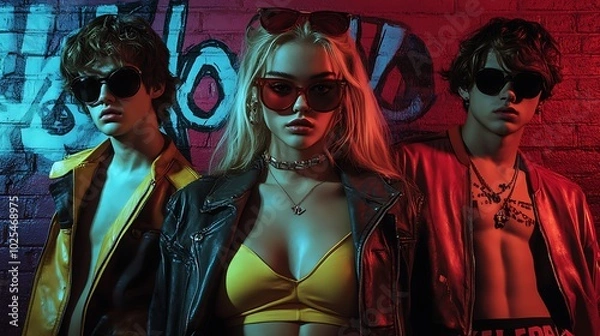 Fototapeta Youth standing confidently against pop culture-inspired backgrounds, retro movie posters and iconic comic book art, vibrant colors and modern fashion styles,