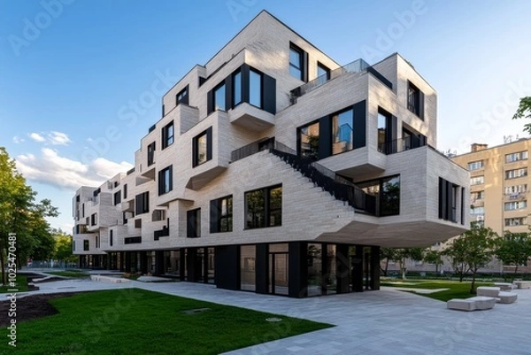 Obraz Simple residential block with uniform designs, emphasizing function over ornamentation, representing modern minimalist living