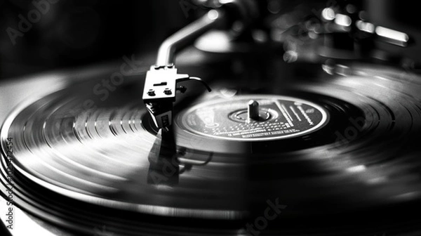 Fototapeta Vinyl Record Player Close-Up: A Black and White Image