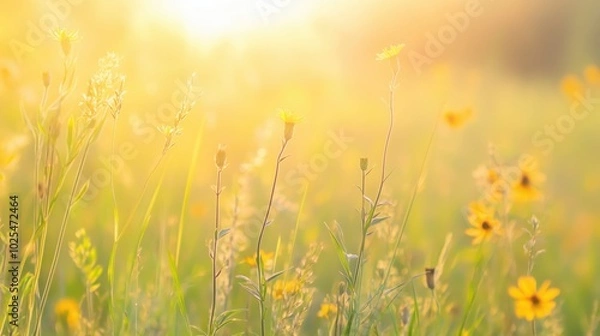 Fototapeta A field of tall grass and yellow wildflowers, bathed in the soft glow of morning light. The background is blurred to emphasize the vibrant colors of nature.  