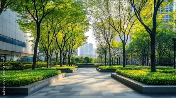 Fototapeta Lush Green Pathway in Urban Park Setting