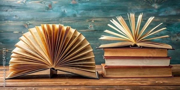 Fototapeta A collection of old, worn books resting on a rustic wooden surface, inviting exploration of the written word.