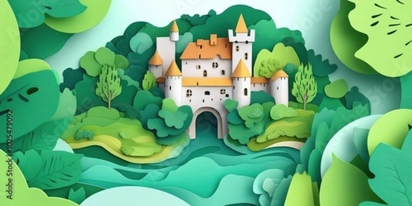 Fototapeta Aerial drone view of a medieval fortress surrounded by lush landscapes, Aerial view of an ancient fortress amidst green landscapes