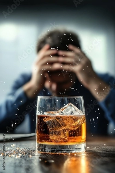 Fototapeta Struggling with Alcohol Addiction in Dim Light