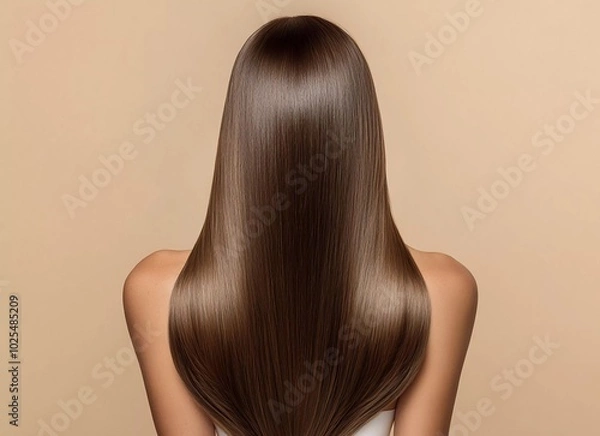 Fototapeta Beautiful woman with long, healthy, straight, shiny brown hair in a back view, isolated on a beige background