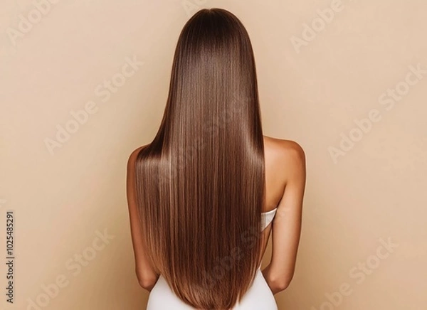 Fototapeta Beautiful woman with long, healthy, straight, shiny brown hair in a back view, isolated on a beige background