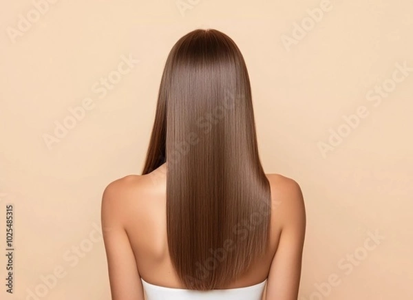 Fototapeta Beautiful woman with long, healthy, straight, shiny brown hair in a back view, isolated on a beige background