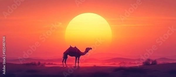 Fototapeta A single camel stands silhouetted against a fiery orange sunset in the desert, the sun a large disc in the sky.