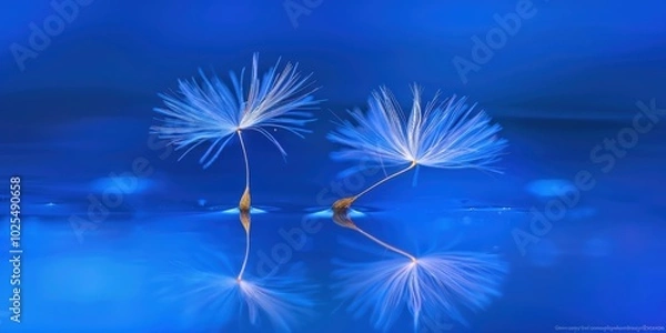 Fototapeta Two Dandelion Seeds Floating on a Calm Blue Water Surface.