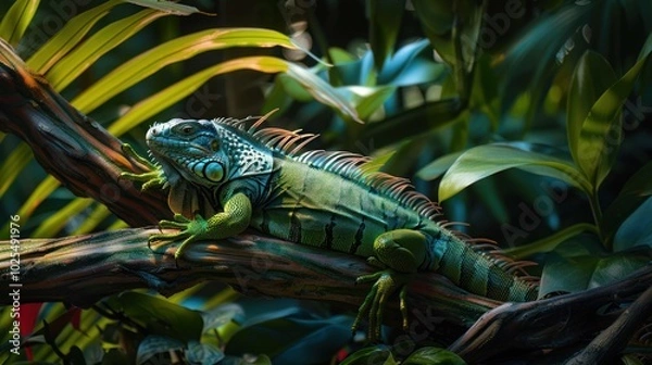 Fototapeta A Green Iguana Resting on a Branch in Lush Foliage