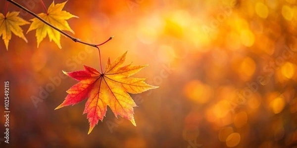 Fototapeta A solitary autumn leaf, with vibrant hues of red, orange, and yellow, hangs delicately from a slender twig, its intricate veins visible against a soft, golden backdrop of blurred foliage.