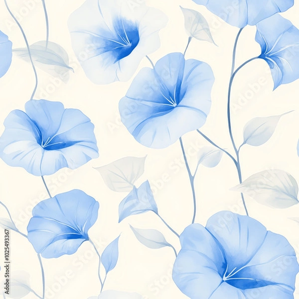 Fototapeta Watercolor-style pattern featuring vibrant blue morning glory flowers with soft gray leaves on a light background.