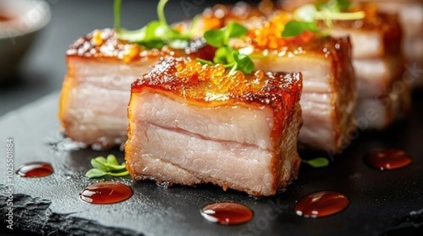 Obraz Delicious Crispy Pork Belly on Slate Plate