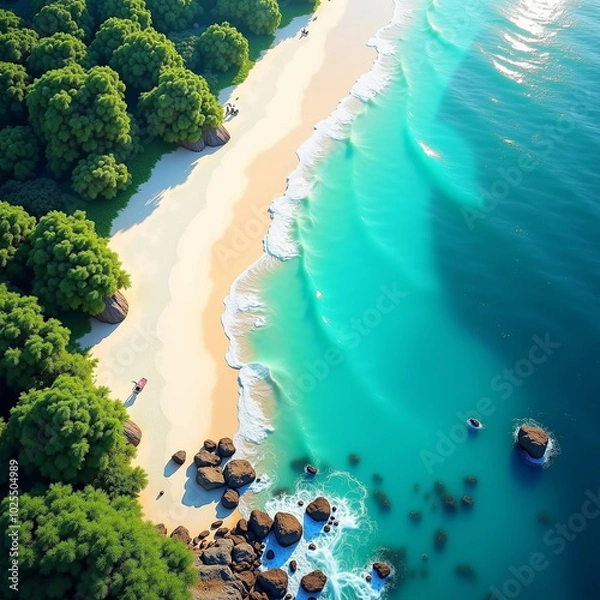 Obraz Panoramic Coastal Scene with Blue Water, White Sand, and Tropical Greenery Beneath a Radiant Sky with Generative AI