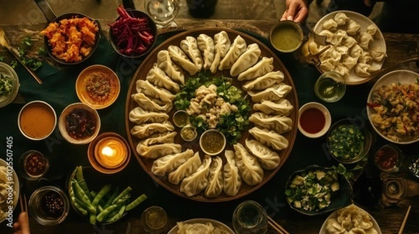 Fototapeta Delicious Spread of Dumplings and Side Dishes