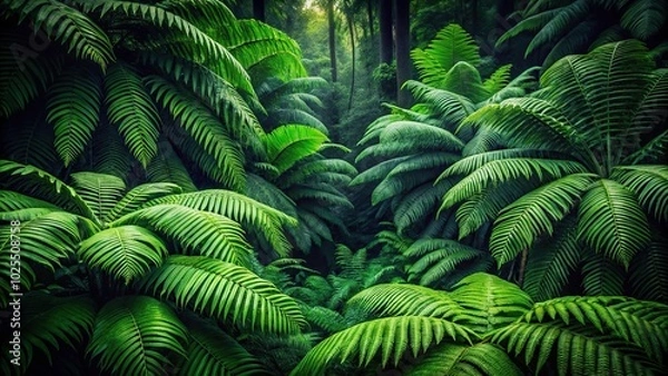 Fototapeta Dark green fern wallpaper with tropical trees backdrop