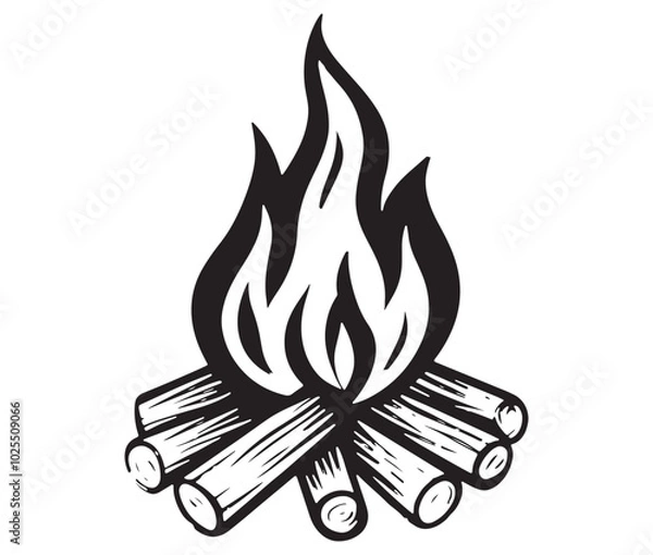 Fototapeta Burning bonfire with a large flame for camping, Illustration of a fire icon, Campfire silhouette vector, Campfire icon
