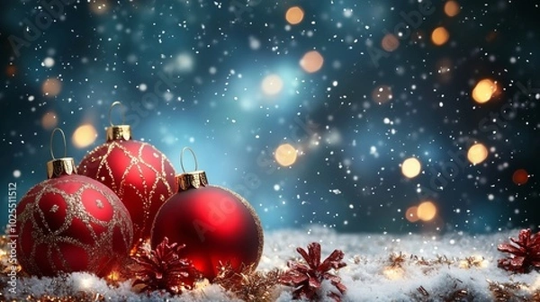 Fototapeta A Beautiful Christmas Scene Featuring Red Ornaments and Snow