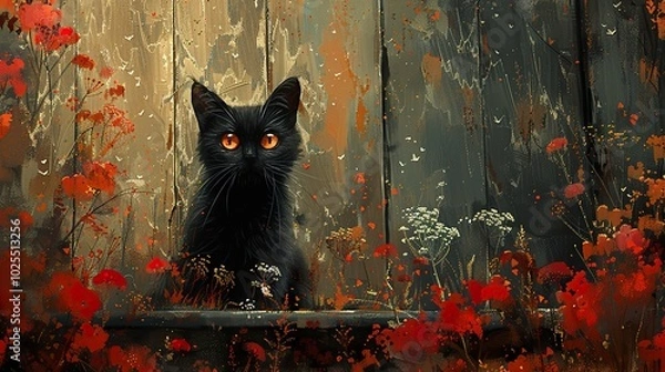 Obraz Black Cat with Orange Eyes in a Garden