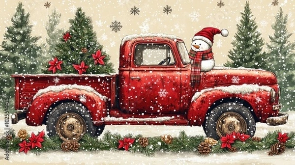 Fototapeta Red vintage truck carrying christmas tree and snowman during snowfall