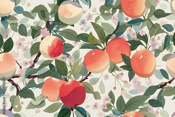 Obraz Seamless pattern with red and green apples, branches, and delicate flowers on a light background. Hand-drawn botanical design with vintage aesthetic. Ideal for wallpaper, fabric, and wrapping paper