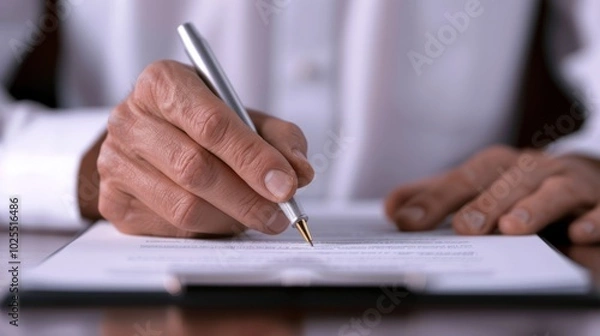 Fototapeta A lawyer reviewing contracts, with a focus on the fine print and signatures