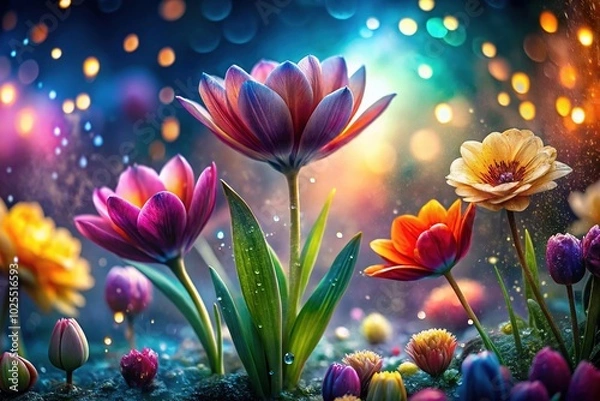 Fototapeta Fantasy Spring Flowers with Dew Drops - Colorful Bokeh Background for Nature Lovers
