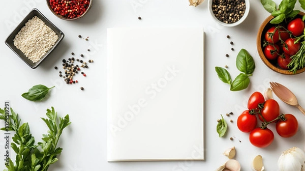 Fototapeta Elegant Cookbook Design Showcasing Light and Diet-Friendly Recipes with a Minimalist White Background