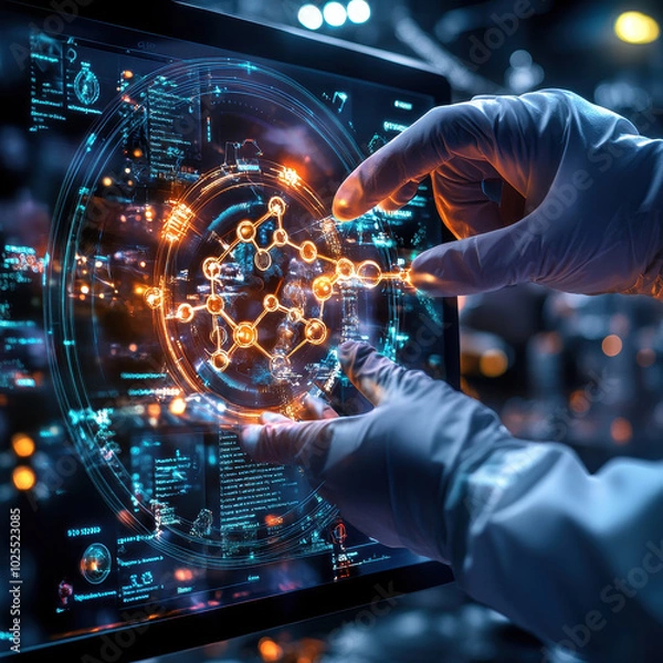 Fototapeta digital touchscreen display showing detailed scientific interface with glowing elements and data visualization. hands in gloves interact with technology, emphasizing innovation and precision