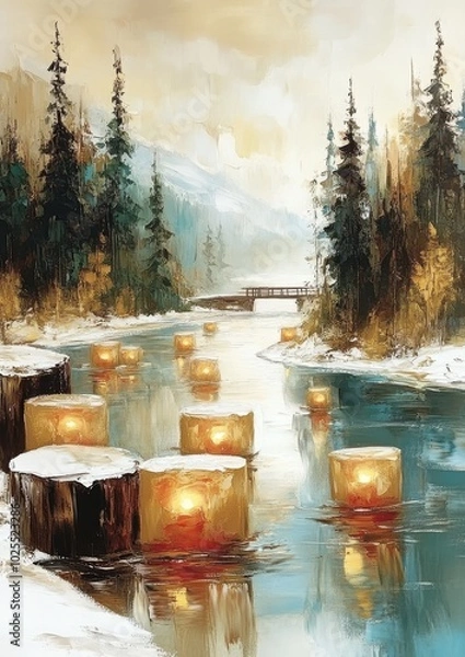 Fototapeta Serene Winter River with Illuminated Lanterns Amidst Snow-Covered Pines and Mountain Landscape Tranquility