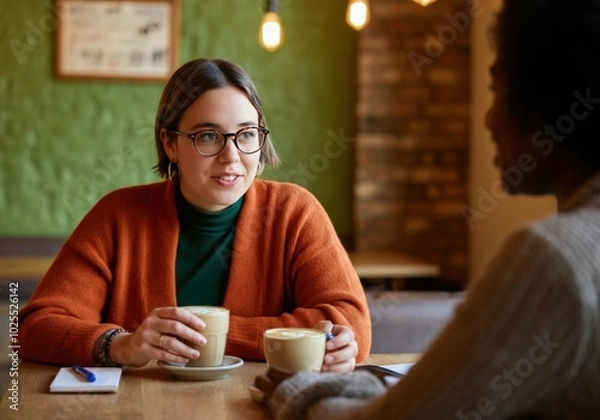 Obraz Two friends having coffee at a cafe