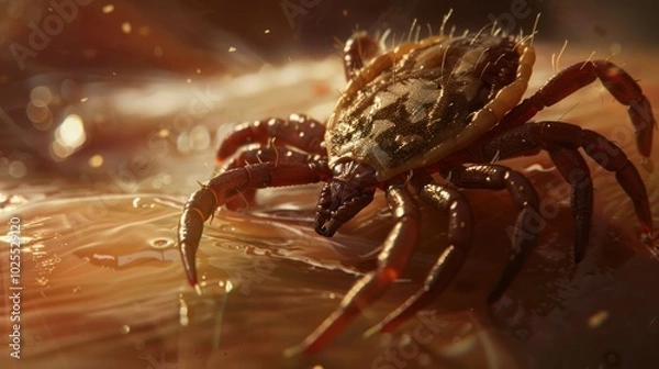 Fototapeta Close-up of a tick on human skin with blurred background