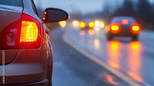 Fototapeta A closeup image of a cars hazard lights blinking as its safely parked on the shoulder of a highway The road ahead is clear