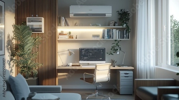 Fototapeta Serene Home Office with Air Conditioning and Greenery
