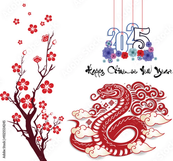 Fototapeta Happy Chinese new year 2025 Zodiac sign, year of the Snake.
