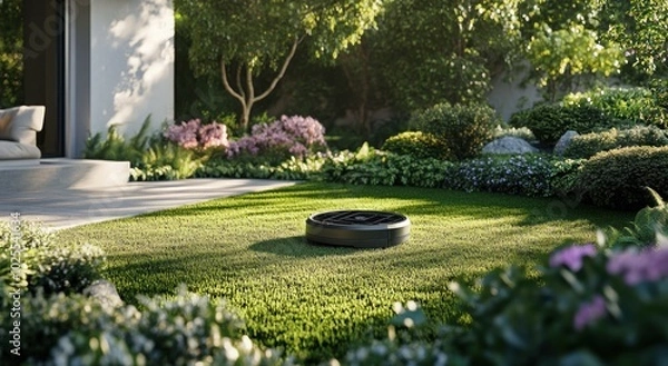 Fototapeta Automated robotic lawn mower tending a lush garden under soft sunlight.