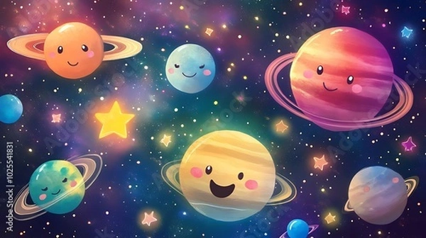 Fototapeta Whimsical Galaxy Theme with Smiling Planets and Stars