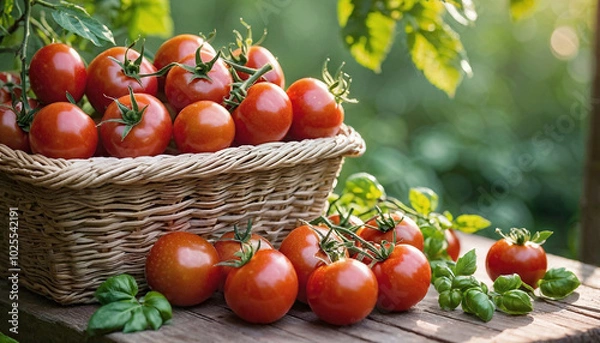 Fototapeta Tomatoes in basket on wooden table and some tomatoes are placed on wood around the basket natural background