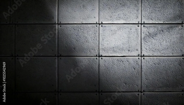 Fototapeta コンクリート ブロック 壁面 工業的 スクエア ボルト 照明 影 グレー 無機質 テクスチャー 質感 タイル メタル ダーク ミニマル アーバン 都市的 モダン インダストリアル