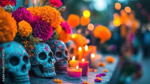 Fototapeta A colorful Day of the Dead celebration with traditional sugar skulls and marigold flowers decorating an altar. Candles are lit, and the vibrant colors of the decorations stand out in the evening. 