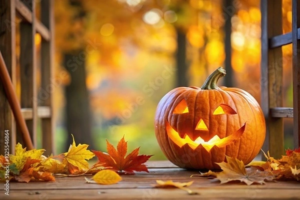 Obraz Depth of field image of jack-o-lantern on porch surrounded by autumn leaves
