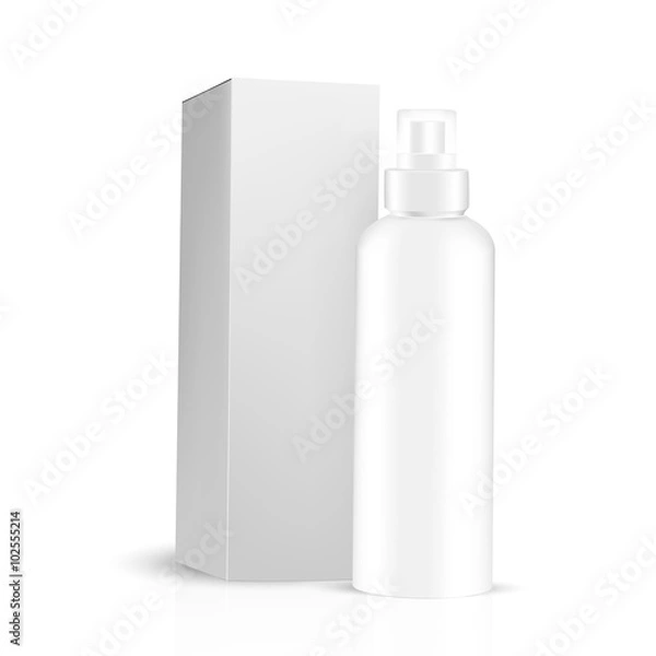 Fototapeta VECTOR PACKAGING: White gray round bottle sprayer with box for cosmetic/perfume on isolated white background. Mock-up template ready for design .