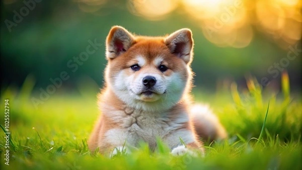 Obraz Description: Cute red Akita Inu puppy lying on grass from a bird's eye view