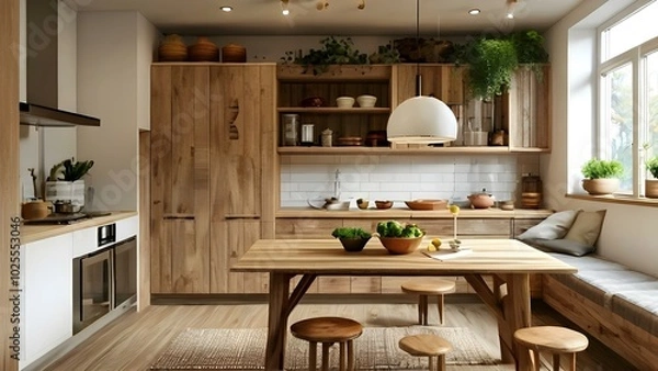 Fototapeta A stylish kitchen adorned with wooden floors and a beautiful wooden table, perfect for family gatherings and meals.