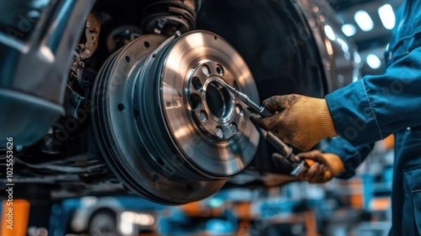Fototapeta A mechanic inspecting a car's brake system with tools in hand, focusing on the intricate details of the wheel and rotor.