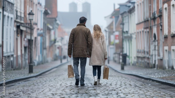 Obraz Back view of romantic couple walking together in old street. Young man and woman in dress walking together along narrow city street holding hands talking and smiling. Vacation and travelling concept