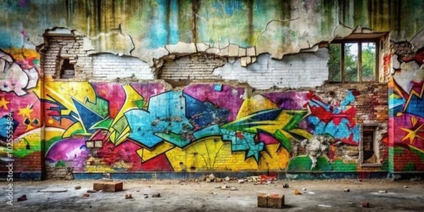 Fototapeta description: Panoramic view of a cracked wall with colorful graffiti and paint splatter