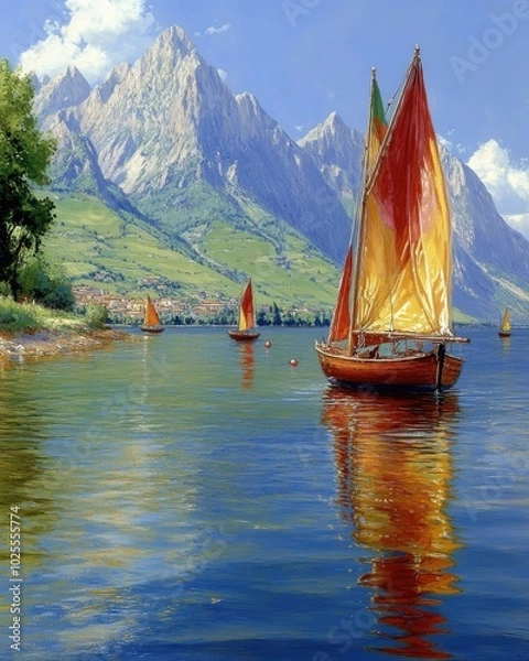 Fototapeta Serene Lake with Colorful Sailboats and Majestic Mountain Backdrop Under Clear Sky - Perfect Nature Escape and Adventure